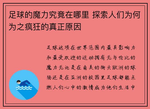 足球的魔力究竟在哪里 探索人们为何为之疯狂的真正原因