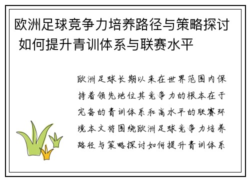 欧洲足球竞争力培养路径与策略探讨 如何提升青训体系与联赛水平