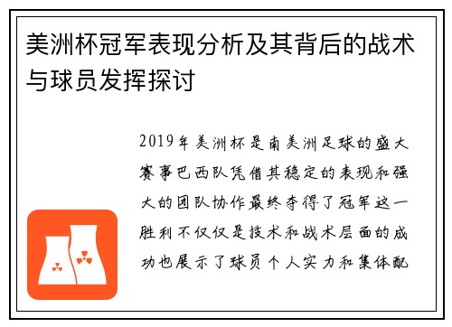 美洲杯冠军表现分析及其背后的战术与球员发挥探讨