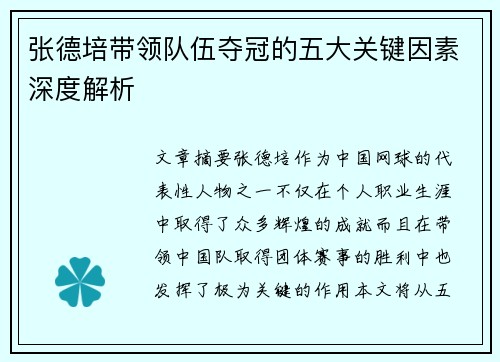 张德培带领队伍夺冠的五大关键因素深度解析
